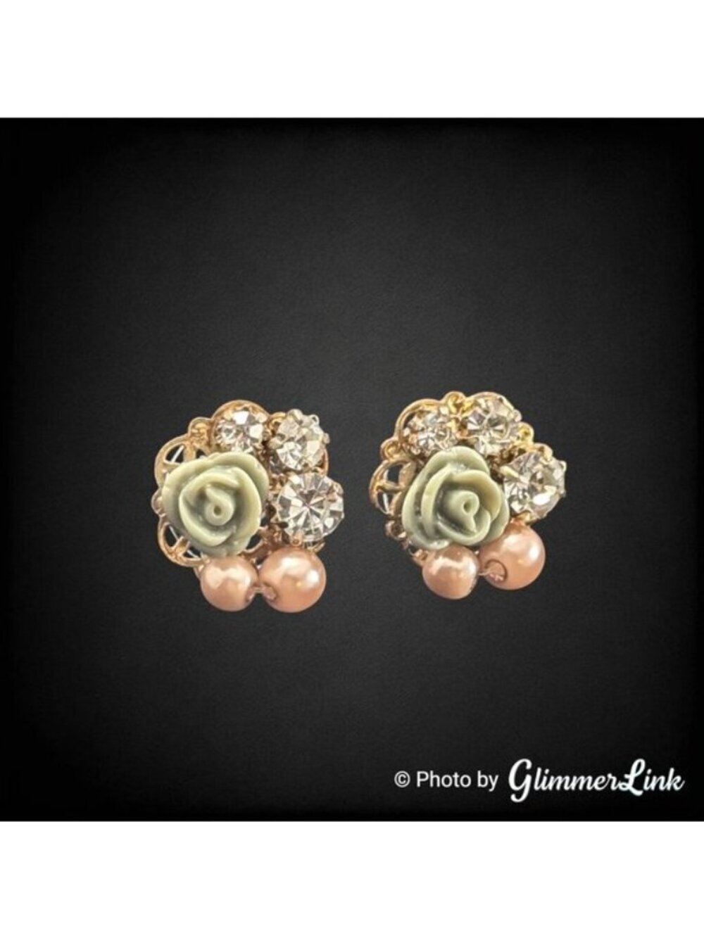 Vintage Style Green Rose Rhinestone & Faux Pearls Gold Tone Stud Earrings